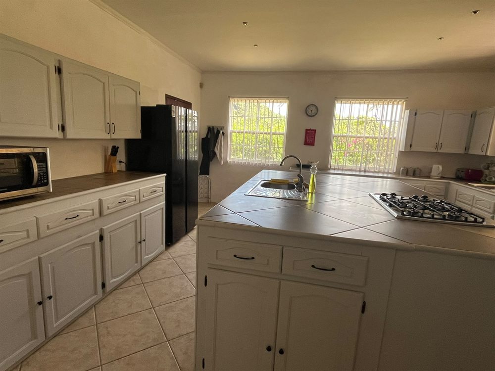 Kitchen island with a gas hob, looking out through windows onto the garden