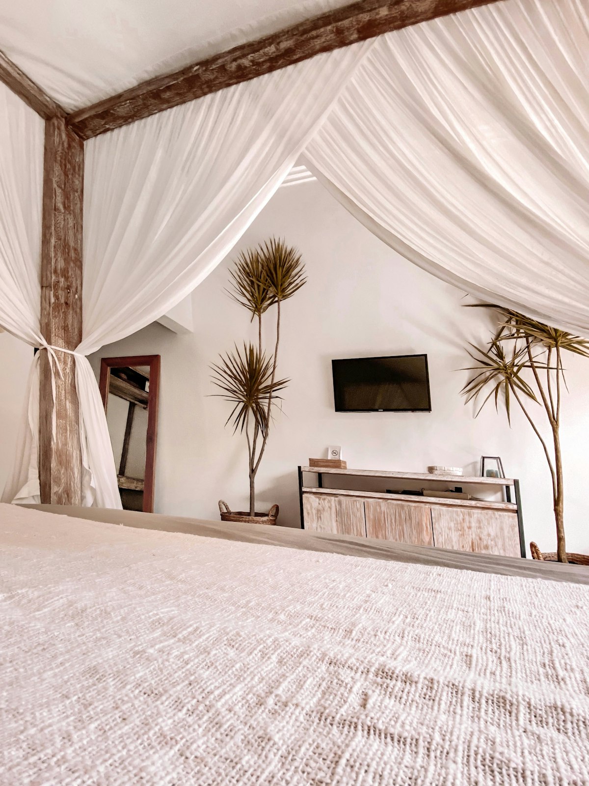 Bedroom with a canopy bed and tropical plants