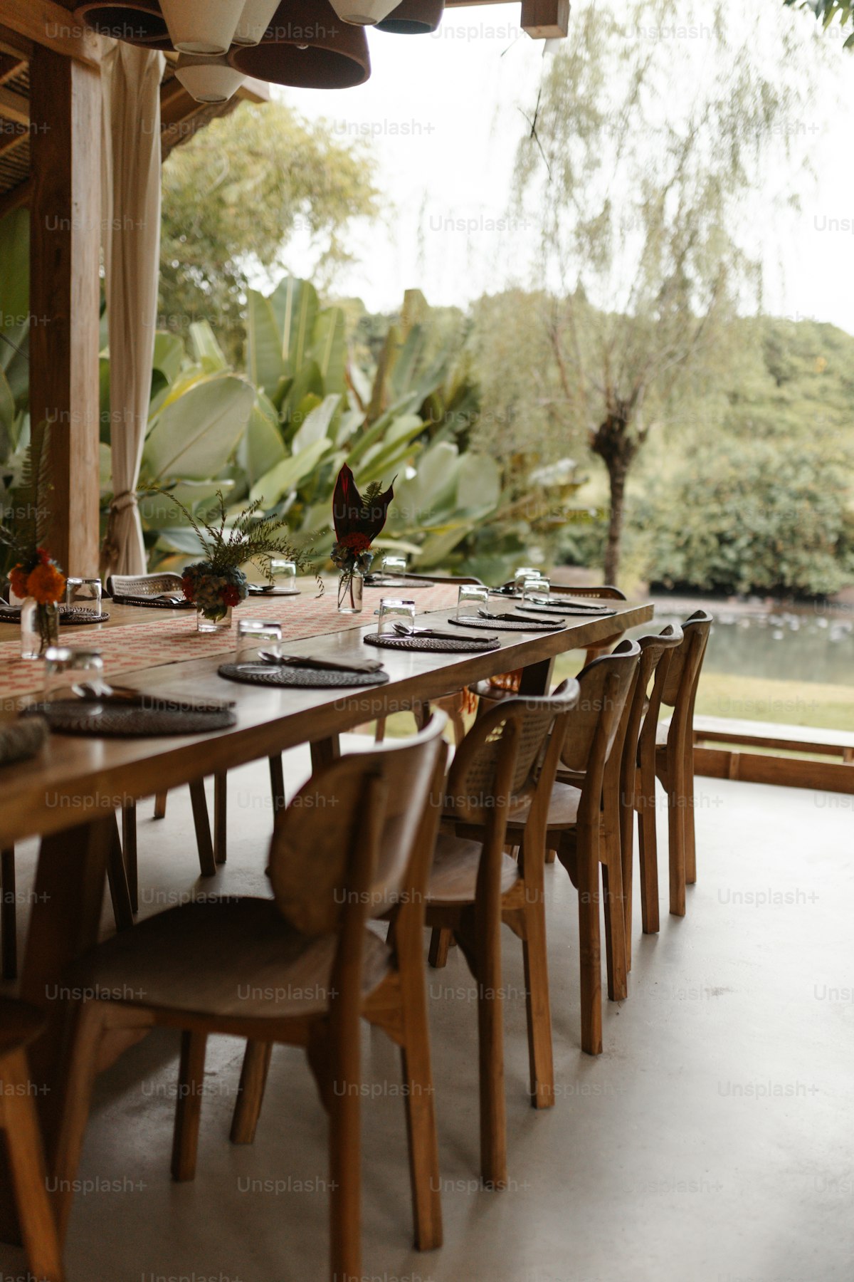 Wooden dining table set for a family meal