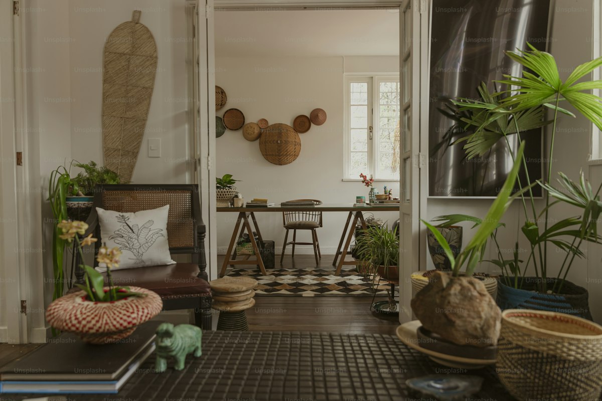 Bright living room with plants and comfortable seating